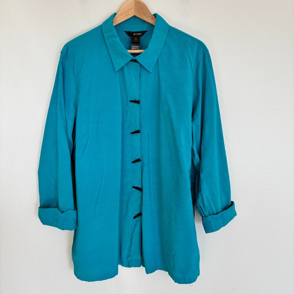 Ali Miles Pearlized Tunic Shirt Women 2X Teal Toggle Button Long Sleeve Blouse